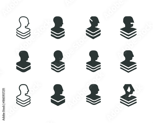 3D-Printed Emblem Diversity. 3D-printed objects in art and design. Icon set. Set Logo of 3D-printed objects in art and design: layered sculpture. harmonious