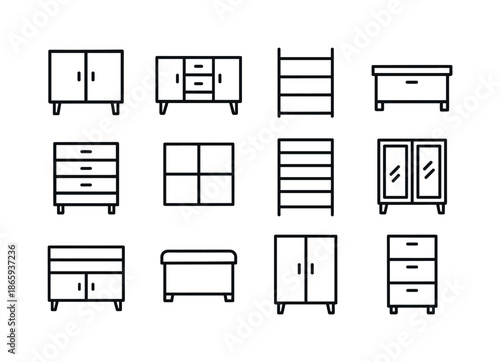 Storage Furniture Icons. Storage furniture. Line icon set of Storage furniture: cabinet, sideboard, shelving unit, storage bench, drawer chest, modular cube,
