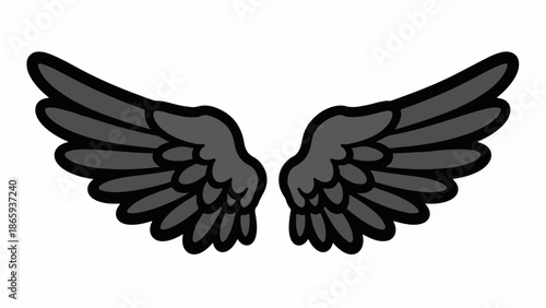 Stylized gray feathered wings spread open, set against a white background