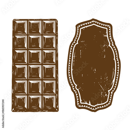 chocolate bar and chocolate label illustration on white background for food and dessert design