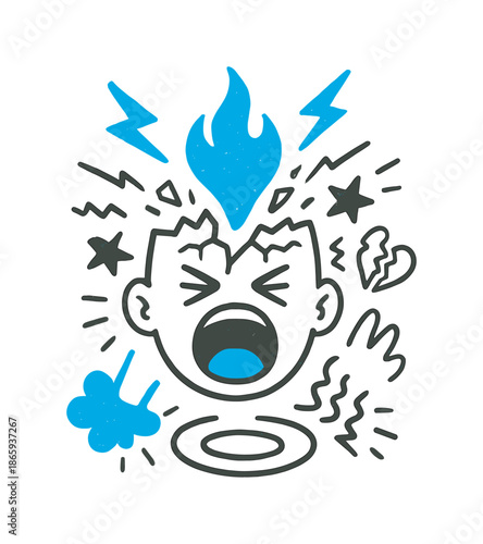 Emotional Burst Illustration. Emotional Explosion. Hand-drawn doodle illustration Emotional Explosion burst icon (colored #48afea), cracked mind, yelling face