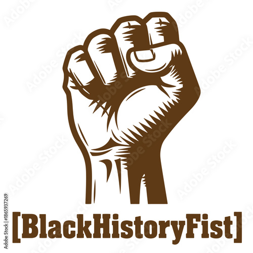Raised fist with Black History Fist text in brown color on white background
