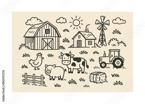 Barnyard Doodle Scene. Barnyard. Hand-drawn doodle illustration Barnyard barn, farmhouse, chicken, cow, pig, hay bale, fence, tractor, windmill, sun icon,