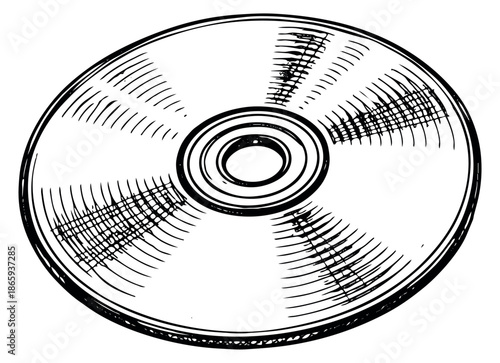 Line art illustration of a compact disc depicting a classic form of digital media for information and entertainment