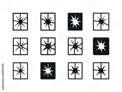Cracked Window Logos. Cracked windows. Icon set. Set Logo of cracked windows: impact burst symbol. harmonious logo variations of the same emblematic concept,