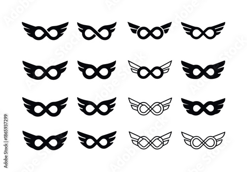 Winged Infinity Logos. imagination flying. Icon set. Set Logo of imagination flying: winged infinity loop. harmonious logo variations of the same emblematic
