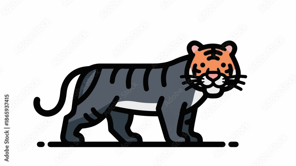 Fototapeta premium Stylized cartoon tiger with grey body, orange face, and black stripes, standing