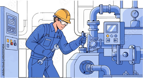 Technician working on industrial machinery with tools and control panel