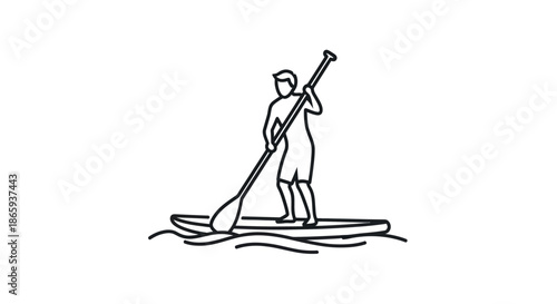 Line art illustration of a person paddleboarding on water.