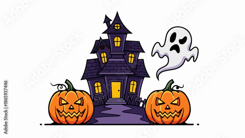 Spooky haunted house with jack-o'-lanterns and a friendly ghost