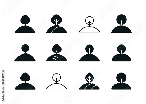 Hill Logo Variations. Hill. Icon set. Set Logo of Hill: hilltop tree. harmonious logo variations of the same emblematic concept, each with different artistic