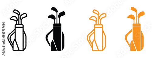 Golf bag icon logo sign set vector outline. Golf club bags in different colors and line styles for design. Golf bag with clubs icon in trendy flat style design. Vector graphic illustration. 