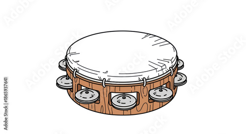 Handheld Round Tambourine with Wooden Frame and Metal Jingles.