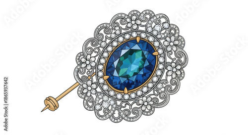 Ornate Brooch with Blue Gemstone and Floral Filigree Design.