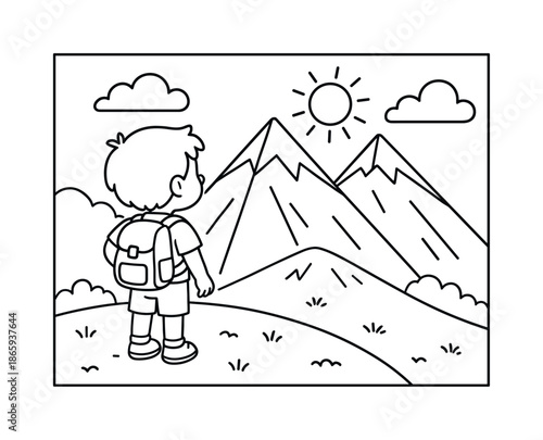 Mountain Explorer Coloring Page. Mountain lookout children?s coloring book illustration, outlined drawing, child standing on a hill admiring simple mountain