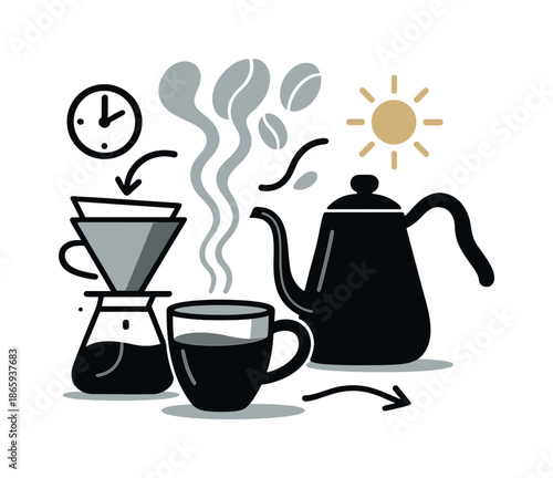 Morning Coffee Ritual. Coffee brewing. A steaming cup sits beside a minimalist dripper and kettle, with aromatic lines rising into soft abstract coffee bean