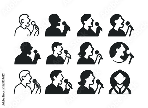 Vocalist Logo Variations. Vocalist singing. Icon set. Set Logo of vocalist singing: singer with microphone. harmonious logo variations of the same emblematic