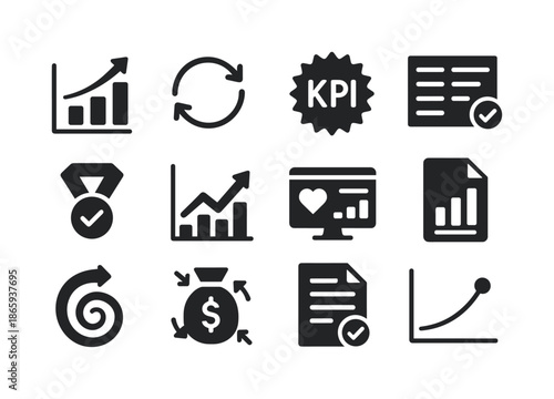 Impact Tool Icons. Impact Measurement Tools. Solid icon set of Impact Measurement Tools: impact graph, feedback loop, social KPI, metric board, result icon,