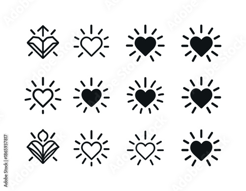 Joyful Emblem Variations. Joy. Icon set. Set Logo of Joy: Heartburst Radiance. harmonious logo variations of the same emblematic concept, each with different