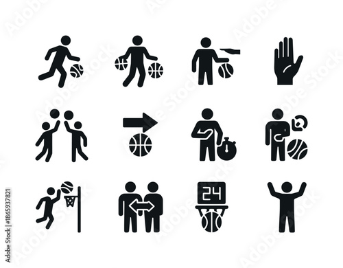 Basketball Rules Icons. Basketball rules. Solid icon set of basketball rules: traveling, double dribble, foul, jump ball, possession arrow, timeout gesture,
