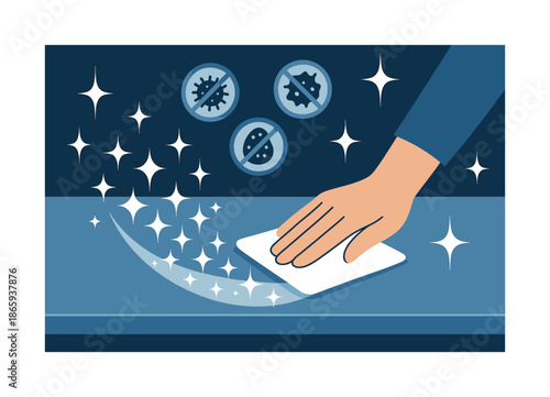 Sparkling Clean Surfaces. Clean home surfaces. A hand wiping a countertop with a sparkle trail; floating icons of germs disappearing. Clean geometric shine