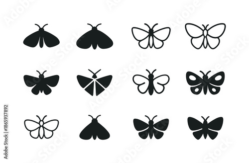 Winged Creatures Icons. Winged creatures. Icon set. Set Logo of winged creatures: moth wings. harmonious logo variations of the same emblematic concept, each