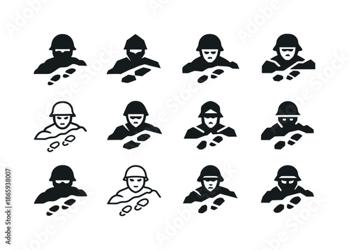 Enemy Soldier Icons. Enemy soldiers hiding. Icon set. Set Logo of Enemy soldiers hiding: footprints fading in terrain. harmonious logo variations of the same