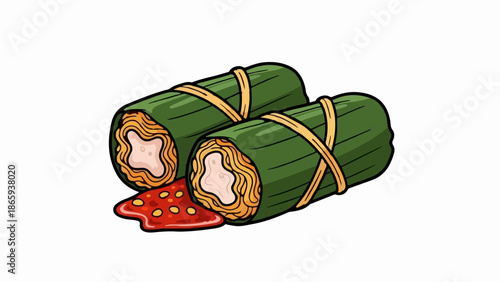 Two green leaf-wrapped cylindrical food items, tied with string, with a dollop of red sauce