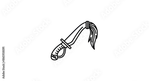 Curved Sword with Horse Tail Line Art Illustration.
