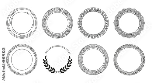 Collection of eight diverse circular frames and borders features intricate black line art patterns and geometric decorative designs.