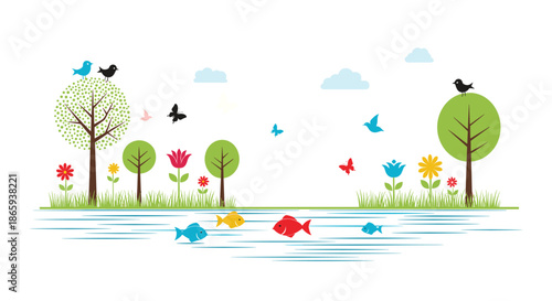 Vibrant cartoon landscape with green trees, colorful flowers, a clear blue pond with swimming fish, birds, and fluttering butterflies.