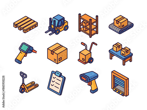Warehouse Icon Set. warehouse logistics. Colorful isometric vector icons set of warehouse logistics: pallet, forklift, storage rack, conveyor belt, barcode