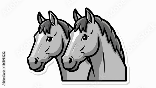 Two grey horses, facing left, with a white stripe on one's face