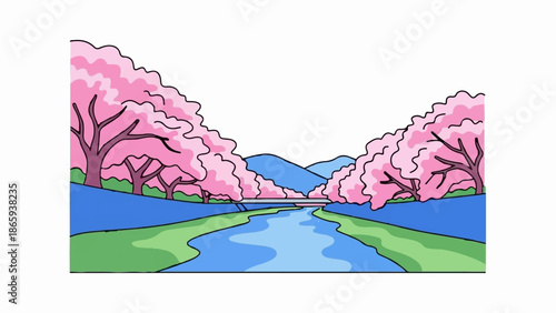 Serene river with blooming cherry trees, rolling hills, and a distant bridge