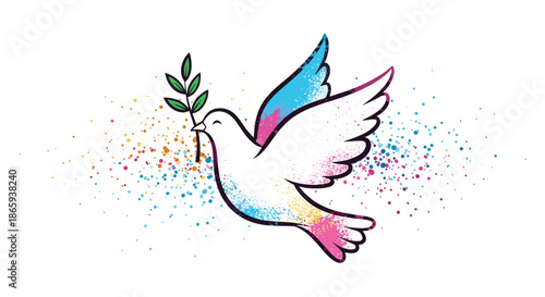 Tennis racket with a ball and motion lines shown in a blue and black line art style with colorful decorative dots on white.