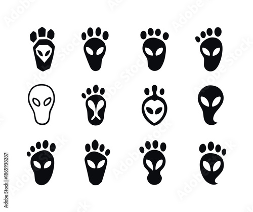Martian Logo Variations. martian. Icon set. Set Logo of martian: alien footprint. harmonious logo variations of the same emblematic concept, each