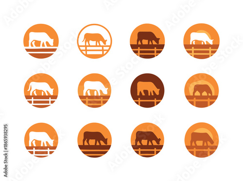 Sunset Grazing Logos. Sunset grazing. Icon set. Set Logo of Sunset grazing: pasture fence. harmonious logo variations of the same emblematic concept, each with