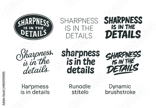 Diverse Lettering Styles. Sharpness is in the details. Set lettering. harmonious lettering variations of the same emblematic concept, each with different