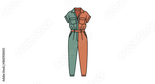 Two-toned jumpsuit with short sleeves and belt fashion design.
