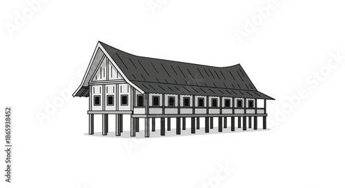 Traditional stilt house with a distinctive curved roof elevated on wooden pillars.