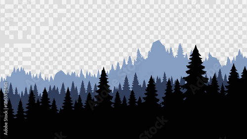 Silhouetted evergreen trees and mountains layered against a pale sky