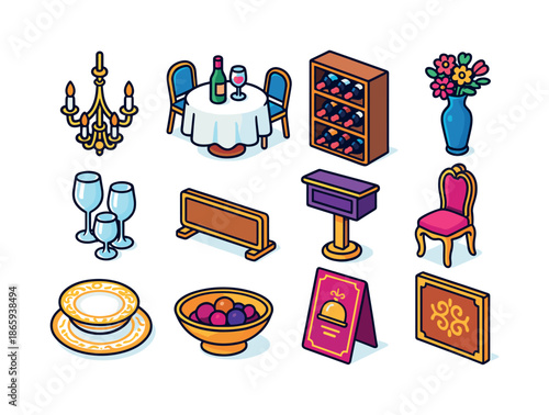 Luxury Restaurant Icons. Luxury restaurant. Colorful isometric vector icons set of luxury restaurant: chandelier, white tablecloth table, wine rack, flower