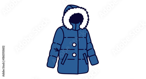 Blue Puffer Winter Jacket with Fur-Lined Hood and White Buttons.