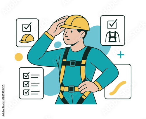 Worker Safety Check. Protective gear check. A worker adjusts helmet and harness with floating safety checklist elements around. Modern flat-line illustration,