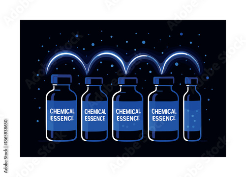 Glowing Chemical Bottles. Chemical essence. Bottles lined up with glowing labels; arcs of light representing active elements. Floating particles emphasizing