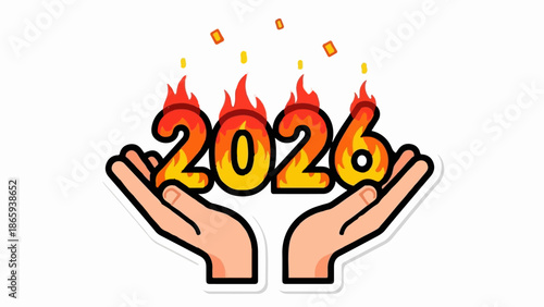 Two hands cradling the fiery year 2026, with sparks raining down