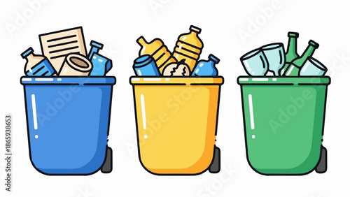 Three colorful bins filled with sorted recyclable materials