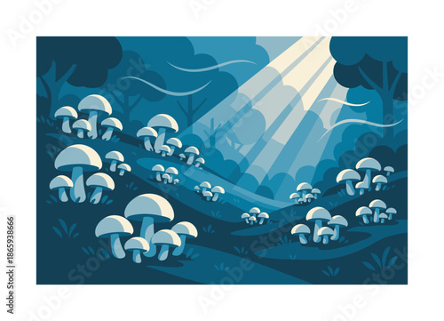 Sunlit Mushroom Slope. Mushroom hillside. Gentle slope covered with clusters; soft wind creating flowing arcs above. Sunbeams slicing through canopy. Modern