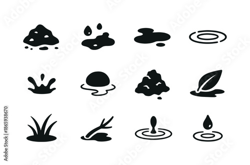 Soil and Water Icons. Soil and water. Solid icon set of soil and water: wet soil, mud, puddle, water ripple, splash, stone, clay, leaf, grass, twig,