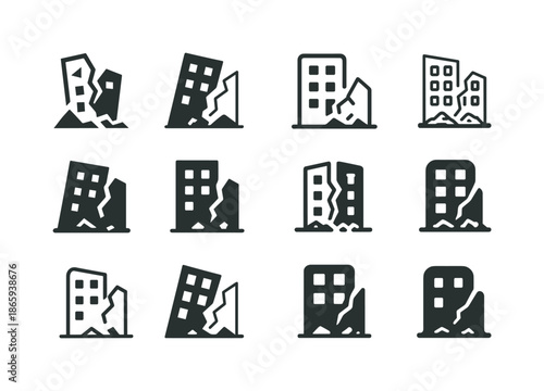 Damaged Infrastructure Icons. Damaged infrastructure. Icon set. Set Logo of damaged infrastructure: collapsed building facade. harmonious logo variations of